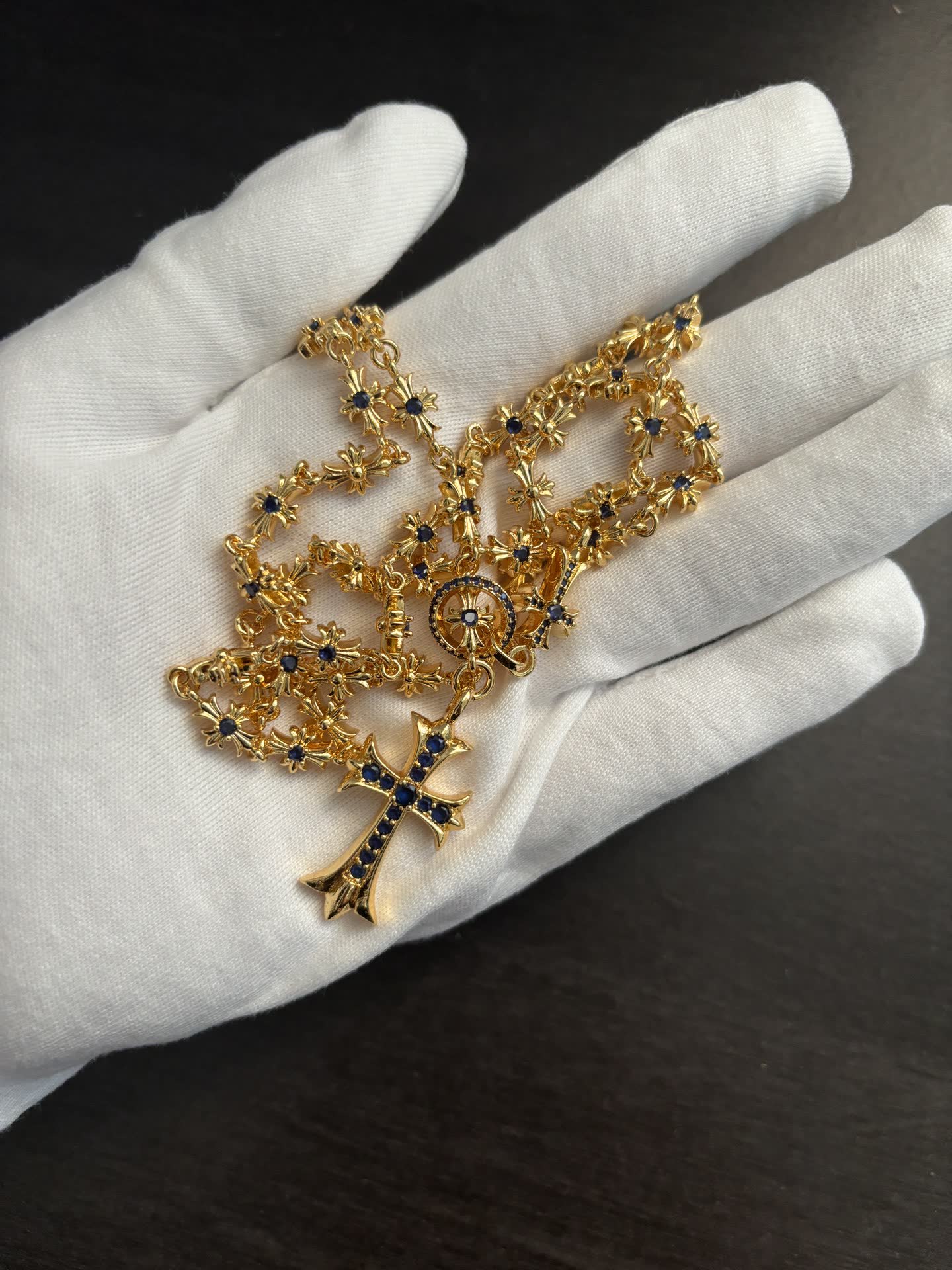 Chrome Hearts Gold Plated Rosary Necklace with Gemstone Cross